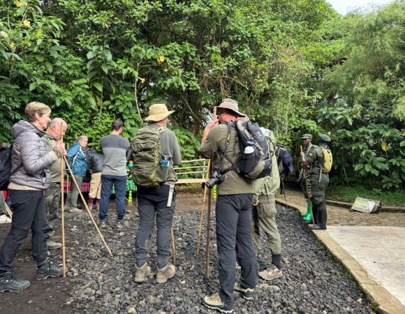 Tourists standing in a circle holding trekking sticks