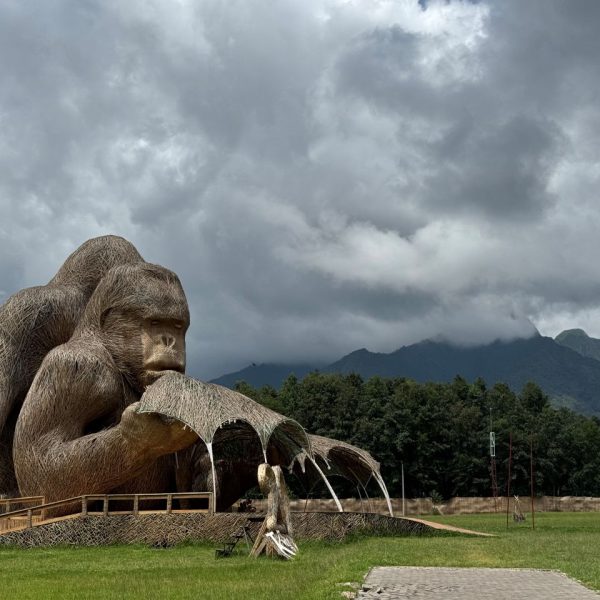 Brown gorilla sculpture with volcanoes in the background 