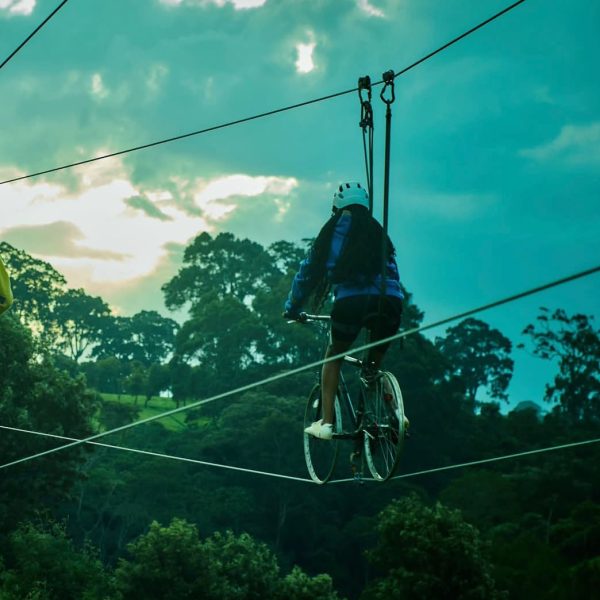 A woman sky cycling surrounded by lush vegetation