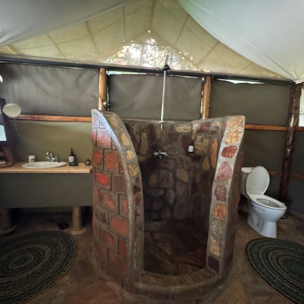 Bathroom made of stone with a flush toilet and mirror