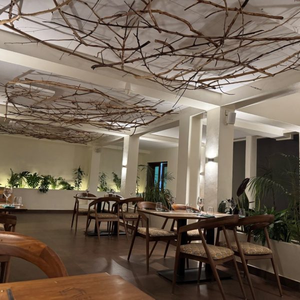 Woven twig ceiling with beautiful brown chairs in a room 